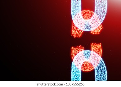 Disconnected, Broken Chain, Digital Block Chain Technology. Cryptocurrency, Concept Of Digital Code. Block Chain Concept. Low Polygonal Grid Of Triangles Glowing In Blue Dot Network, 3D Illustration