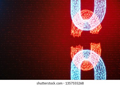 Disconnected, Broken Chain, Digital Block Chain Technology. Cryptocurrency, Concept Of Digital Code. Block Chain Concept. Low Polygonal Grid Of Triangles Glowing In Blue Dot Network, 3D Illustration