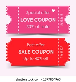 Discount Coupon Design, Special Offer Up To 50%. Valentine's Day Coupon, Love Coupon