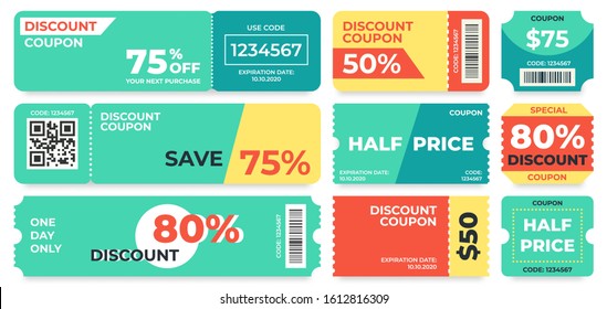 Discount coupon. Half price offer, promo code gift voucher and coupons template. Premium special price offers sale coupon or best promo retail pricing vouchers. Isolated  icons set - Powered by Shutterstock