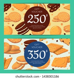 discount or gift card voucher templates with cartoon cookies. Dessert sweet promotion bakery shop illustration - Powered by Shutterstock