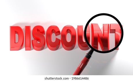 DISCOUNT red write on white surface, under magnifier lens - 3D rendering illustration