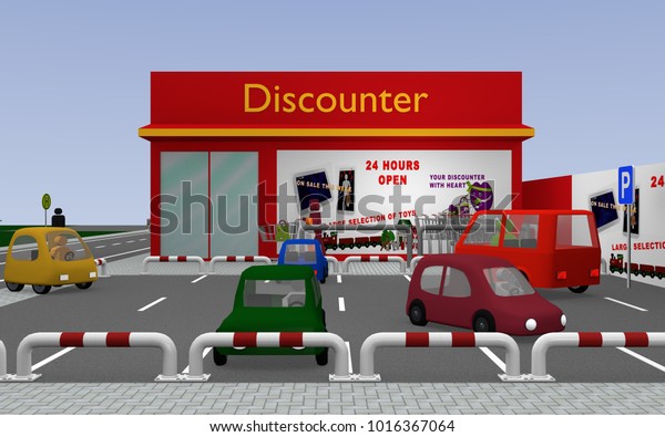 Discount store with\
parking. 3d\
rendering