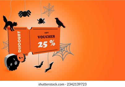 discount voucher, 3d illustration of discount voucher Halloween sale banner on orange background with spiders and bats.
 - Powered by Shutterstock