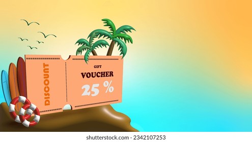 discount voucher, 3d illustration of discount voucher summer sale banner with palm tree and surfboard. - Powered by Shutterstock