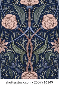 Discover a seamless pattern featuring elegant roses in the style of Morris. Perfect for textiles, wallpapers, and decor, this vintage design adds timeless beauty.