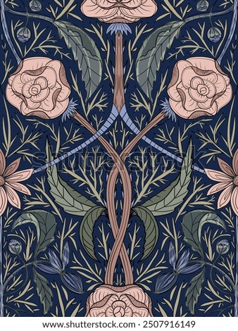 Discover a seamless pattern featuring elegant roses in the style of Morris. Perfect for textiles, wallpapers, and decor, this vintage design adds timeless beauty.