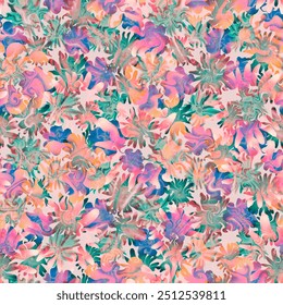 Discover a seamless pattern featuring meta flowers and cosmic buds, blending vibrant colors and whimsical designs for a unique, artistic touch in any project.