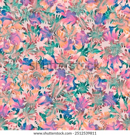 Discover a seamless pattern featuring meta flowers and cosmic buds, blending vibrant colors and whimsical designs for a unique, artistic touch in any project.