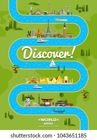 Discover the world poster with famous world attractions along winding river  illustration. Travel design with european, asian and american architecture. Worldwide traveling, time to travel