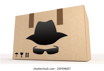 Discreet Package Concept - Cardboad Box With Secret Agent Icon Side View.