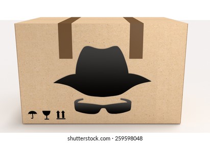 Discreet Package Concept - Cardboard Box With Secret Agent Icon Front View.