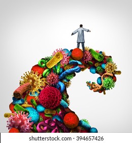 Disease Struggle And Immunology Medical Health Concept As A Doctor Riding A Dangerous Wave Made Of Bacteria Virus And Cancer Cells As A Healthcare Symbol For Pathology And Research For A Cure.