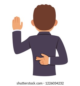 Dishonest Politician Or Business Man Raising Hand In Oath, Other Hand With Crossed Fingers Behind Back. Lying And Corruption Clip Art Illustration.