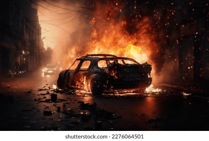Disorders, protests in the Paris, France. Burning car on a city street, smoke and flames all around. Dispersal of demonstrations, patrolling during riots. Clashes on Paris streets, mixed media image