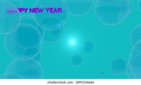 Dispersed Blue Transparent Bubble With  Green Merry Christmas Text With Blue Gradient Background (3D Rendering)