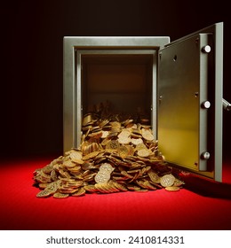 Display of affluence, with countless gleaming gold coins cascading from a previously locked vault, set against a contrasting dark backdrop, exuding the essence of financial success and opulence.