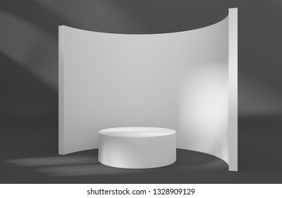 Display Backdrop With Space For Advertising Products. Curved Wall And Exhibition Stand. 3D Render