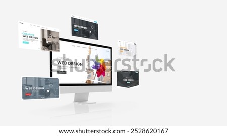 Display featuring web design studio sample pages circling around, showcasing the studio's creative concepts. Includes empty space beside for advertising text to enhance promotional opportunities