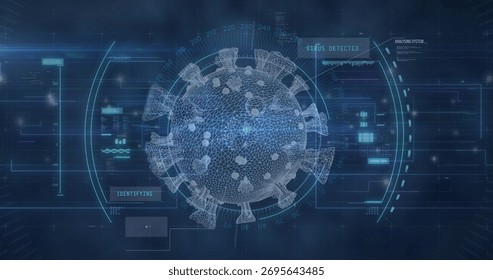 Displaying 3D wireframe virus model with spikes at center of virtual interface, with HUD overlays. Biotech, innovation, technology, diagnostics, futurism, cybersecurity, data visualization
