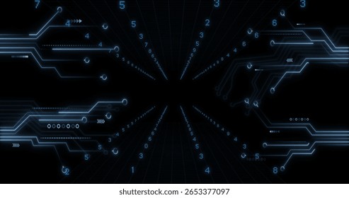 Displaying abstract data tunnel converging in digital grid, with glowing circuits, digits and nodes. Futuristic, technology, network, digital, abstract, innovation, connectivity
