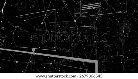 Displaying abstract network over starfield, with nodes, connecting lines, rectangles, diagonal bar. Futuristic, high-tech, digital, connectivity, data visualization, cyber, minimalist