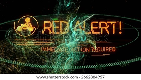 Displaying alert with orange warning text, hazard icon over green HUD grid, data particles. Futuristic, warning, interface, technology, data, alert, dashboard
