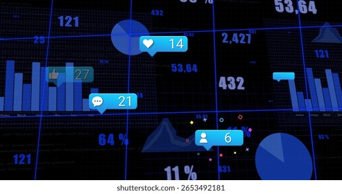 Displaying analytics dashboard on grid screen, with bar charts pie chart reaction icons. Technology, visualization, data, interface, dashboard, innovation, digital - Powered by Shutterstock - Get 15% off with code: PIKWIZARD15