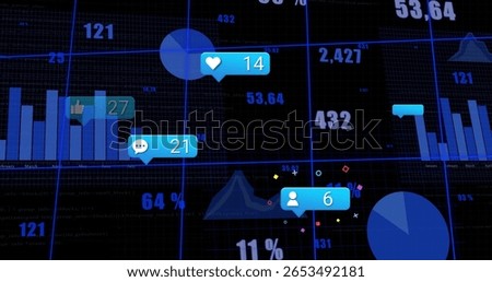 Displaying analytics dashboard on grid screen, with bar charts pie chart reaction icons. Technology, visualization, data, interface, dashboard, innovation, digital