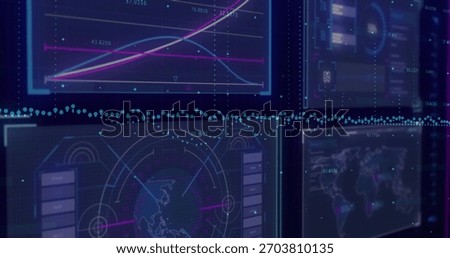 Displaying analytics dashboard panels glowing at command console, showing line charts and radar. Multiscreen, neon, glow, ui, holographic, monitoring, worldmap