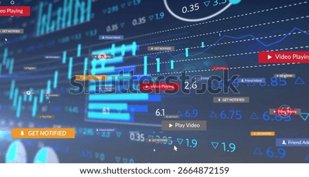 Displaying analytics UI in web interface, tracking bar charts, candlestick signals, pop-up alerts. Dashboard, data visualization, ui design, financial analytics, user engagement, dark theme, digital