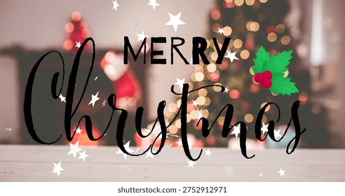 Displaying black script Merry Christmas sign living room with wood table white stars holly and tree. Cozy, home, interior, festive, decor, mantel, fireplace