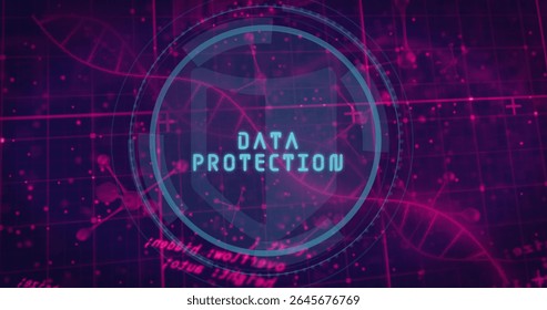 Displaying blue shield icon with DATA PROTECTION in digital interface with grid lines and DNA helix. Cybersecurity, digital, futuristic, technology, protection, network, innovation