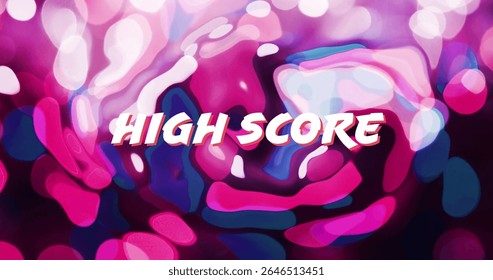 Displaying bold HIGH SCORE text over fluid gradient shapes in digital graphic, with bokeh effect. Abstract, digital art, neon, vibrant, futuristic, motion, graphic design
