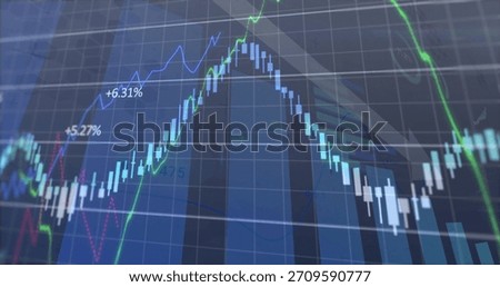 Displaying candlestick bars with green blue line graphs and percentage labels on trading monitor. Dashboard, finance, market, analytics, data, visualization, chart