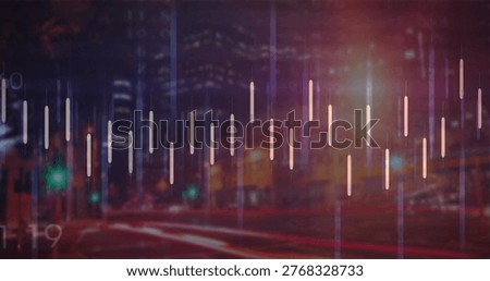 Displaying candlestick bars spanning city road at night with light trails, green light, lit towers. Urban, nighttime, motionblur, lighttrail, bokeh, skyscraper, overlay