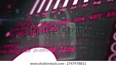 Displaying centered 3D wireframe padlock hologram floating in HUD, showing magenta warning text. Lock, security, cyber, digital, dashboard, neon, matrix