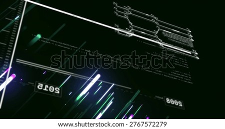 Displaying centered diagonal neon streaks crossing HUD, showing mirrored year labels and wireframe. Futuristic, dashboard, holographic, glow, data, analytics, grid