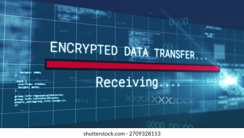 Displaying centered encrypted status text and red bar on network dashboard, with blue grid overlay. Cybersecurity, interface, progress, neon, futuristic, digital, monitor
