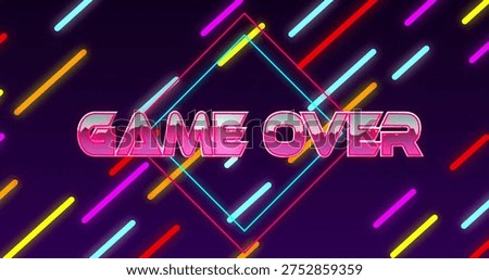 Displaying centered GAME OVER headline pulsing on purple gradient, neon diamond frame and streaks. Synthwave, arcade, retro, typography, magenta, cyan, glow
