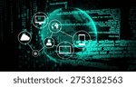 Displaying centered glowing globe linking white node icons and cascading code in cyberspace. Neon, network, sphere, teal, digital, cloud, security