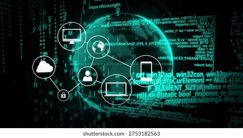 Displaying centered glowing globe linking white node icons and cascading code in cyberspace. Neon, network, sphere, teal, digital, cloud, security