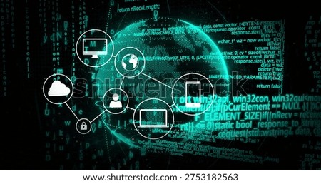 Displaying centered glowing globe linking white node icons and cascading code in cyberspace. Neon, network, sphere, teal, digital, cloud, security