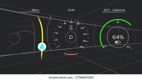 Displaying centered speedometer dial showing D and 12:24 on HUD, with yellow route and 64% battery. Cockpit, dashboard, display, gauge, map, navigation, grid