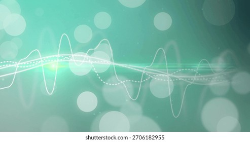 Displaying centered waveform flowing across digital backdrop, with glowing line, bokeh, lens flare. Abstract, gradient, teal, aqua, motion, sound, curves
