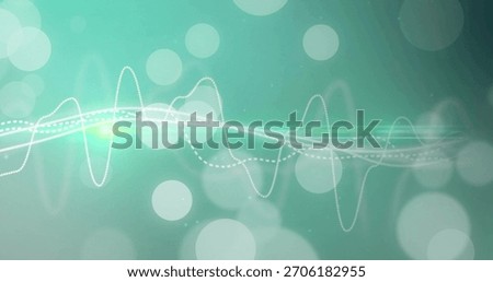 Displaying centered waveform flowing across digital backdrop, with glowing line, bokeh, lens flare. Abstract, gradient, teal, aqua, motion, sound, curves