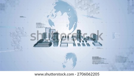 Displaying central 3D industrial complex floating on pale blue grid, with tanks, modules, wireframe. Schematic, blueprint, translucent, futuristic, facility, urban, abstract