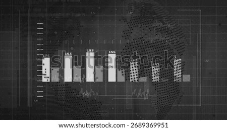 Displaying central bar chart in analytics dashboard, with value labels, gridlines, world map. Data, analytics, visualization, technology, dashboard, digital, infographics