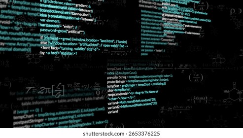 Displaying central code fragments across coding interface, with panels, formulas and structures. Technology, software, innovation, digital, coding, futuristic, data