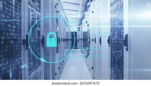 Displaying central data center corridor showing holographic lock icon, with server racks and cables. Cybersecurity, data protection, technology, network infrastructure, digital security, industrial,